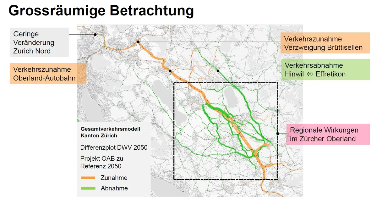 Die Karte zeigt die Auswirkungen des Verkehrsflusses mit dem Bau der Oberlandautobahn. 